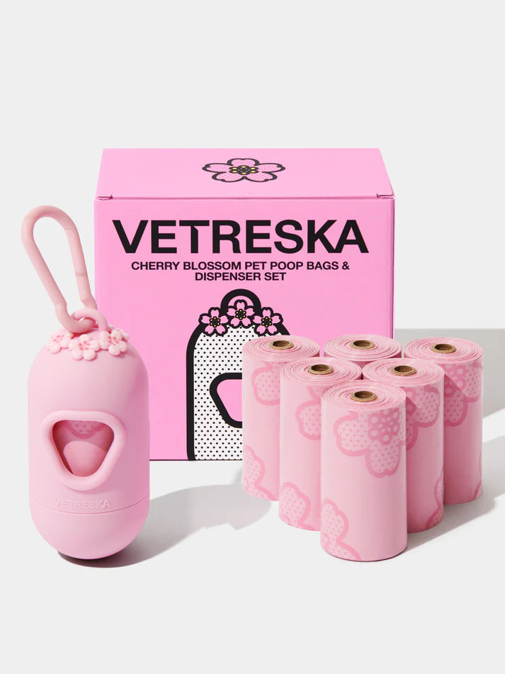 Vetreska Cherry Blossom Poop Bags & Dispenser Set - 1 Cata Caca + 12 Rolos