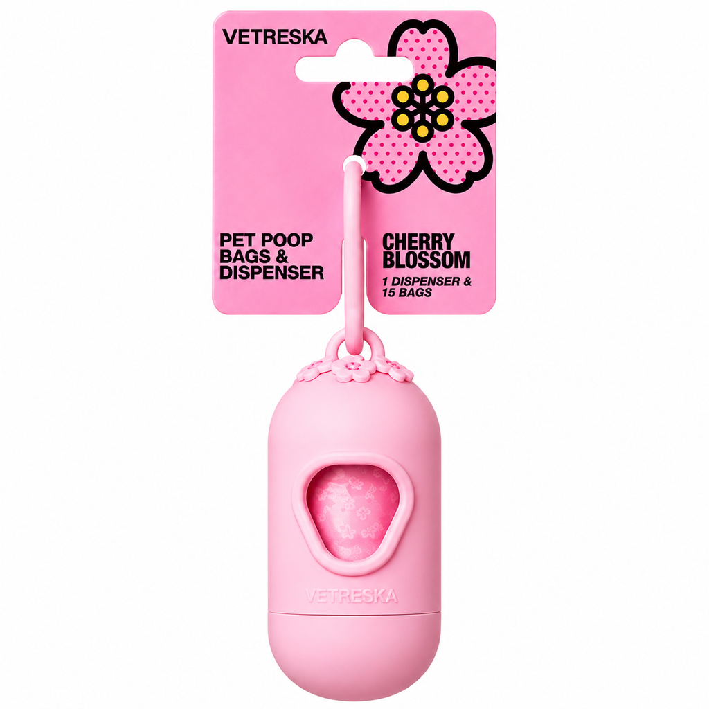 Vetreska Cherry Blossom Poop Bags & Dispenser Set - 1 Cata Caca + 1 Rolo
