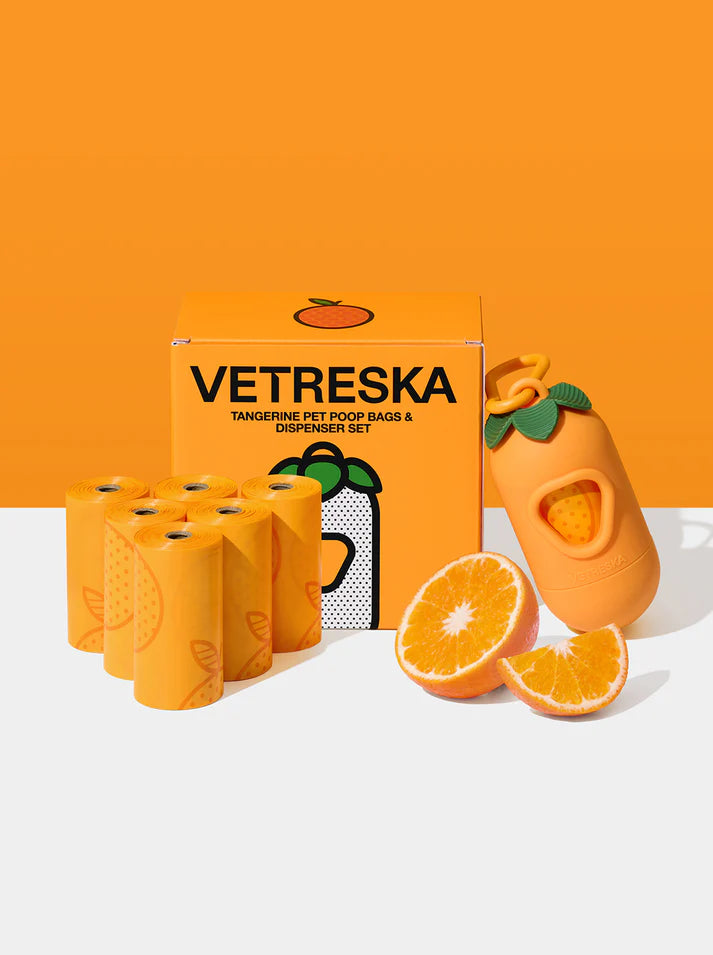 Vetreska Tangerine Poop Bags & Dispenser Set - 1 Cata Caca + 12 Rolos