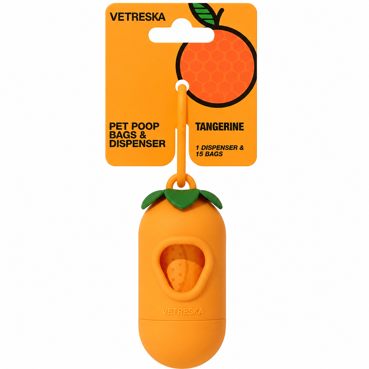 Vetreska Tangerine Poop Bags & Dispenser Set - 1 Cata Caca + 1 Rolo