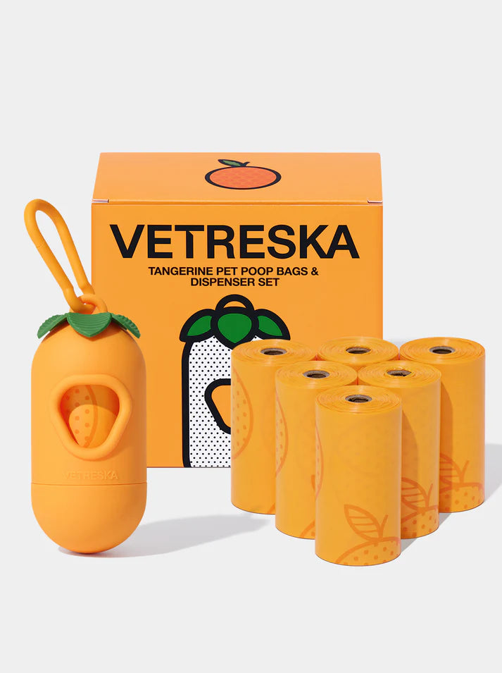 Vetreska Tangerine Poop Bags & Dispenser Set - 1 Cata Caca + 12 Rolos
