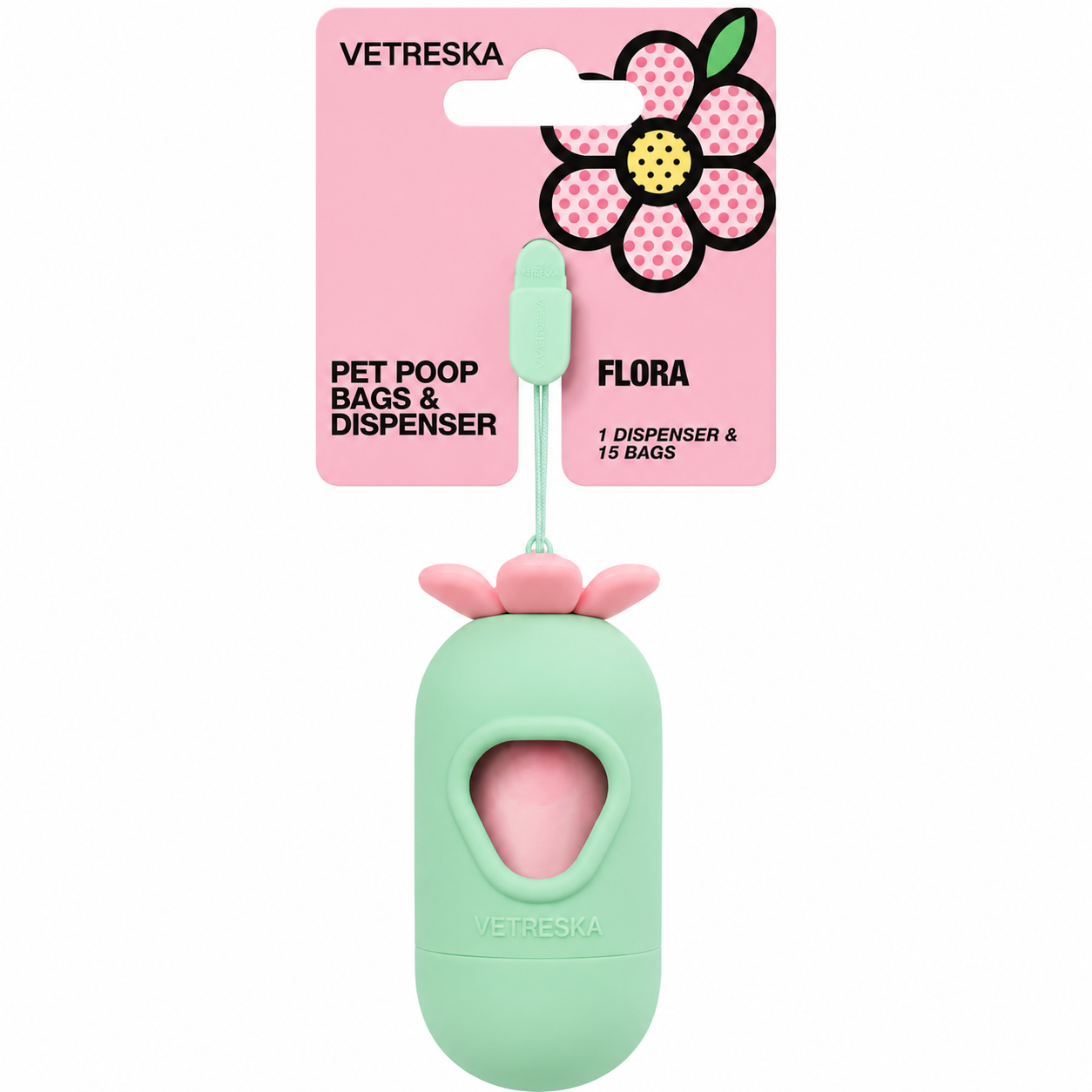 Vetreska Flora Poop Bags & Dispenser Set  - 1 Cata Caca + 1 Rolo