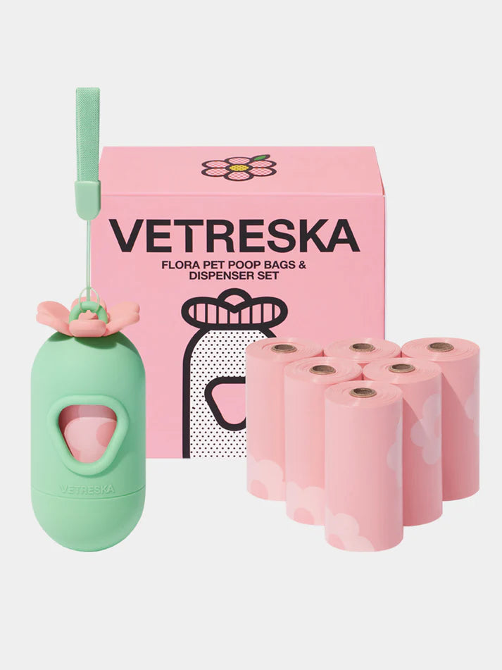 Vetreska Flora Poop Bags & Dispenser Set - 1 Cata Caca + 12 Rolos