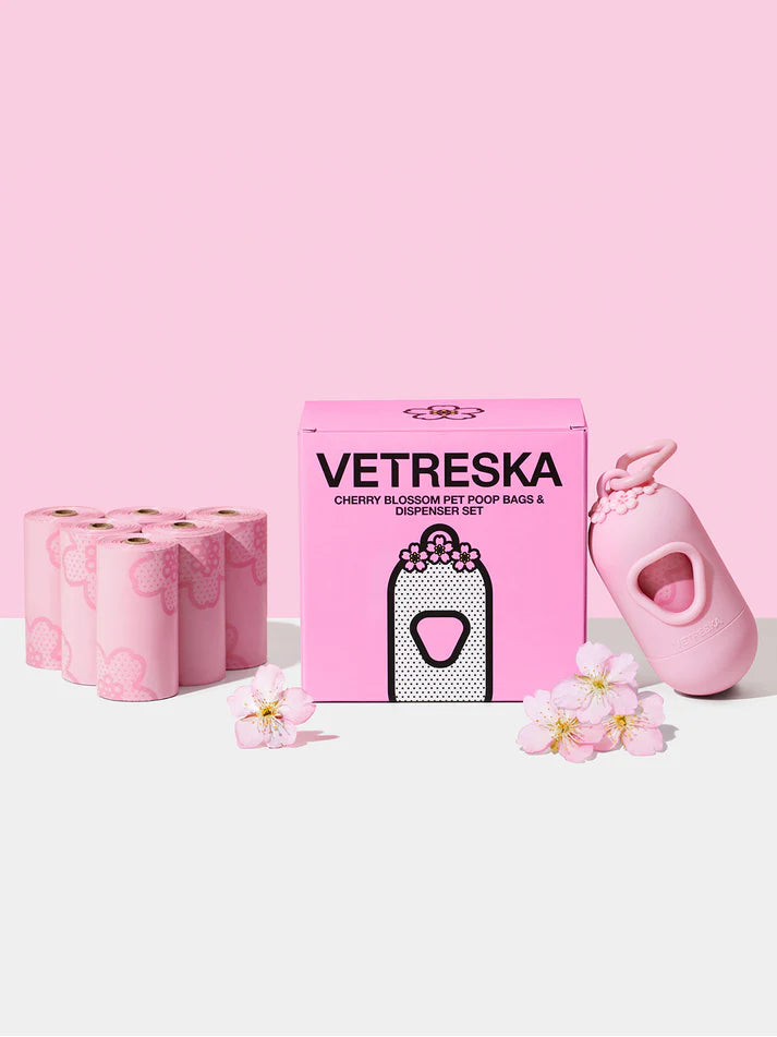 Vetreska Cherry Blossom Poop Bags & Dispenser Set - 1 Cata Caca + 12 Rolos