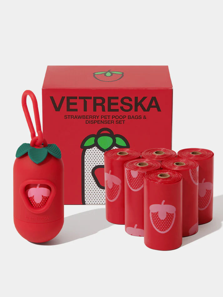Vetreska Strawberry Poop Bags & Dispenser Set - 1 Cata Caca + 12 Rolos