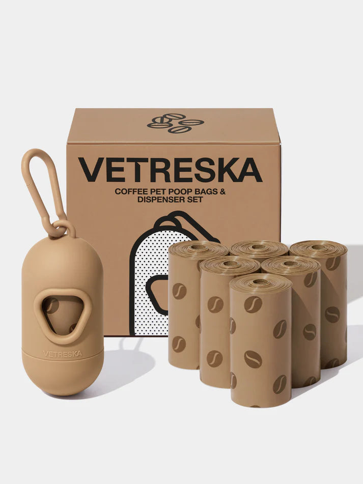 Vetreska Coffee Poop Bags & Dispenser Set - 1 Cata Caca + 12 Rolos