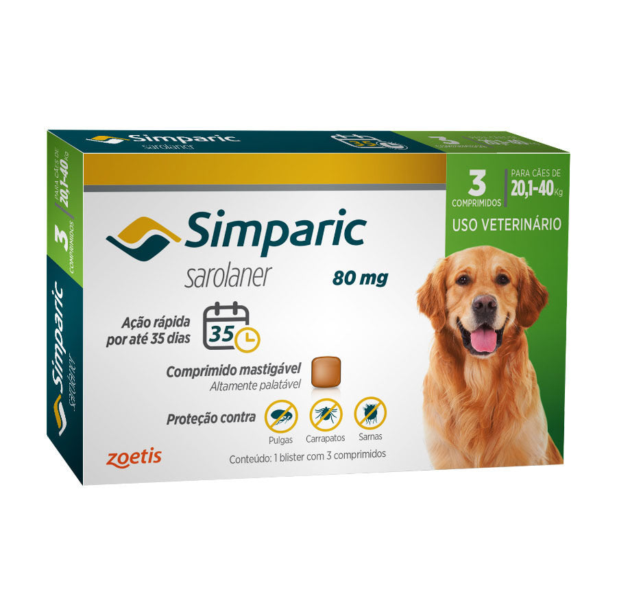 Antipulgas Simparic 80 mg para cães 20,1 a 40 kg - Zoetis