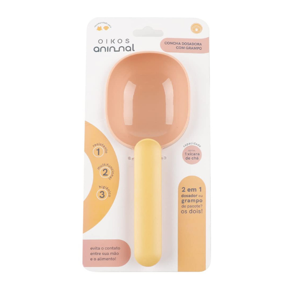 Concha Dosadora de Ração Com Grampo Rosa Com Amarelo Oikos Animal
