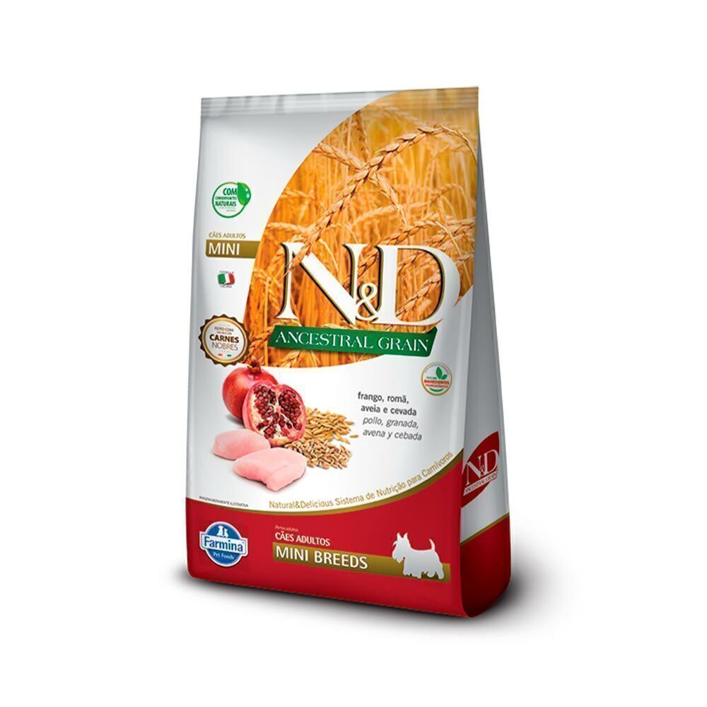 Ração Farmina N&D Ancestral Grain para Cães Adultos de Raças Pequenas Sabor Frango,Romã,Aveia e Cevada 800g/2,5kg/10,1kg