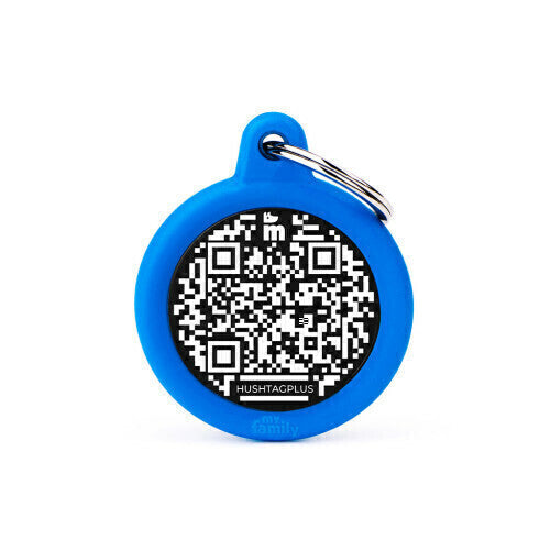 Medalha de Identificação Hushtag Plus QR Code preta em Alumínio em formato de Círculo com Borracha Azul