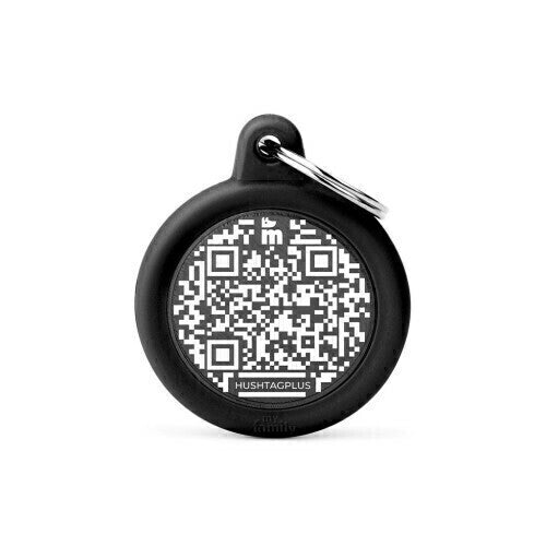 Medalha de Identificação Hushtag Plus QR Code Preta em Alumínio em formato de Círculo com Borracha Preta