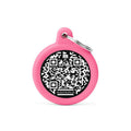 Medalha de Identificação Hushtag Plus QR Code preta em Alumínio em formato de Círculo com Borracha Rosa