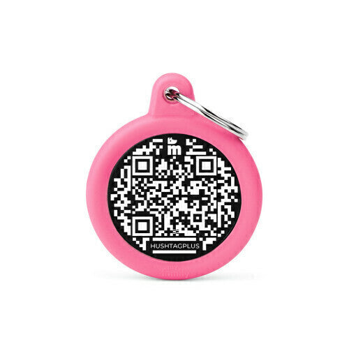 Medalha de Identificação Hushtag Plus QR Code preta em Alumínio em formato de Círculo com Borracha Rosa
