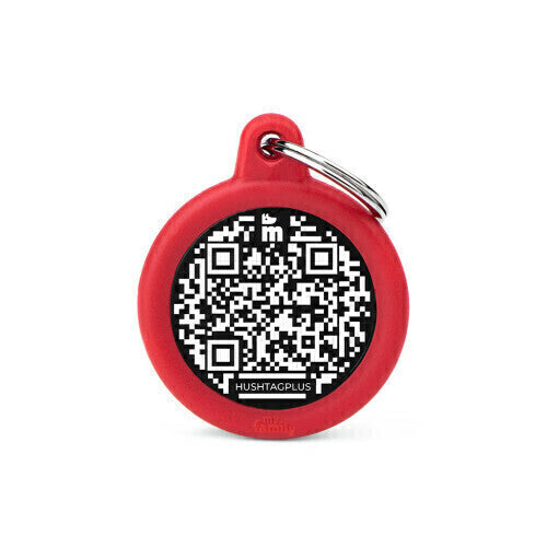 Medalha de Identificação Hushtag Plus QR Code preta em Alumínio em formato de Círculo com Borracha Vermelha