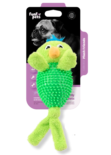 Funforpets Flush Parrot Thorny Body - Brinquedo Multissensorial Ppagaio para Cães com Benefício Dental