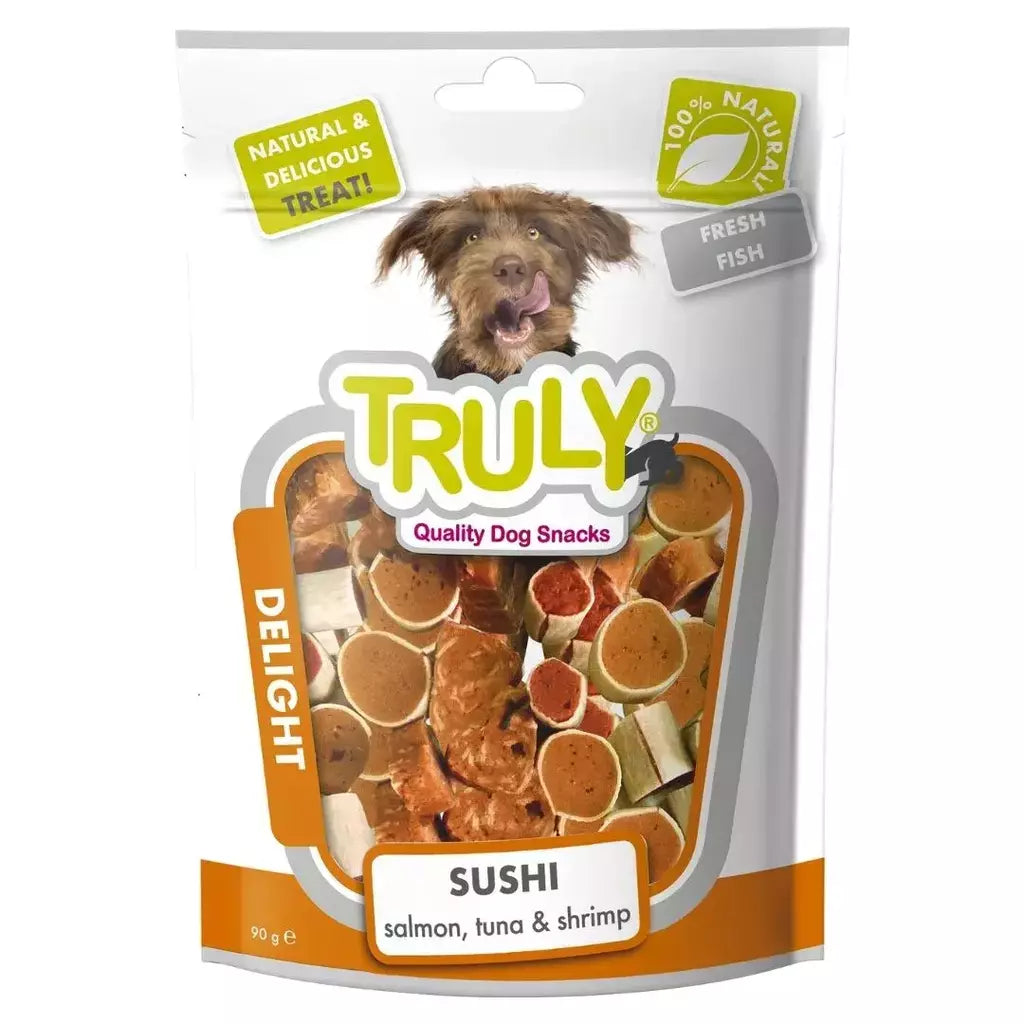 Petisco para cachorro Truly delight sushi de salmão atum e camarão 90g