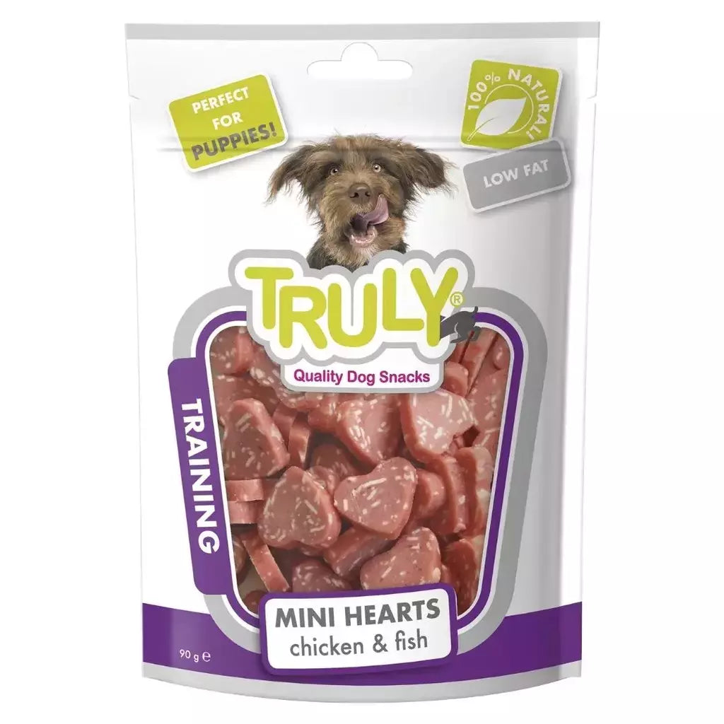Petisco para cachorro Truly training mini corações cachorro de frango e peixe 90g