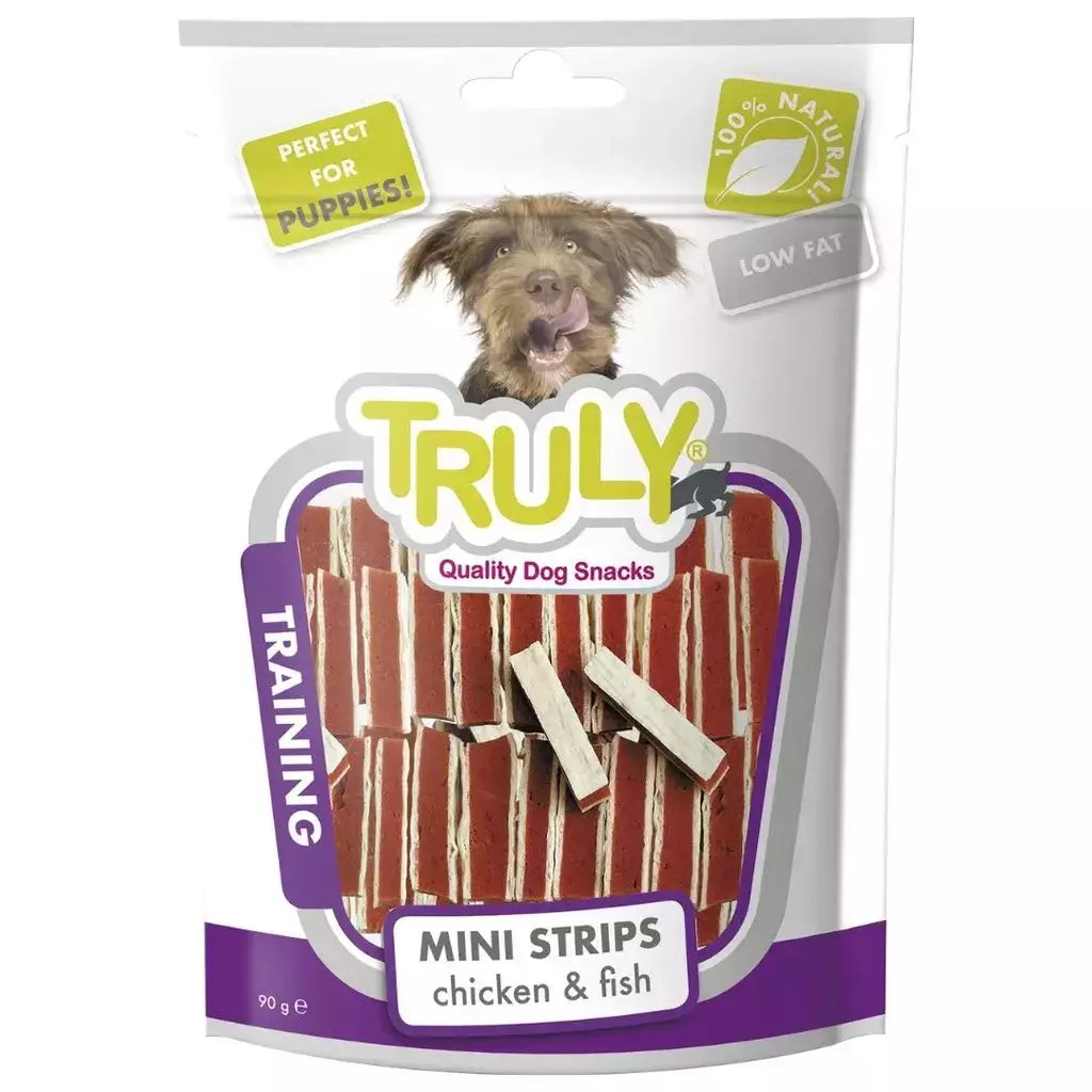 Petisco para cachorro Truly training mini tiras de frango e peixe 90g