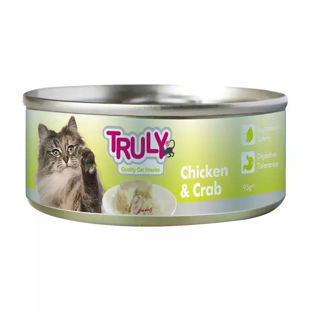 Alimento úmido enlatado para gato Truly Frango e Caranguejo 95g