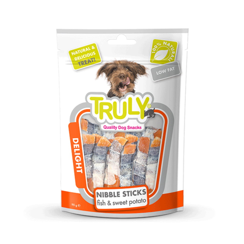 Petisco Para Cachorro Truly Delight Nibble Sticks Peixe e Batata Doce 90g