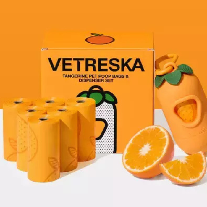 Vetreska Pet Tangerine (1 Dispenser + 7 Rolos) - Conjunto de Sacos Cata Caca