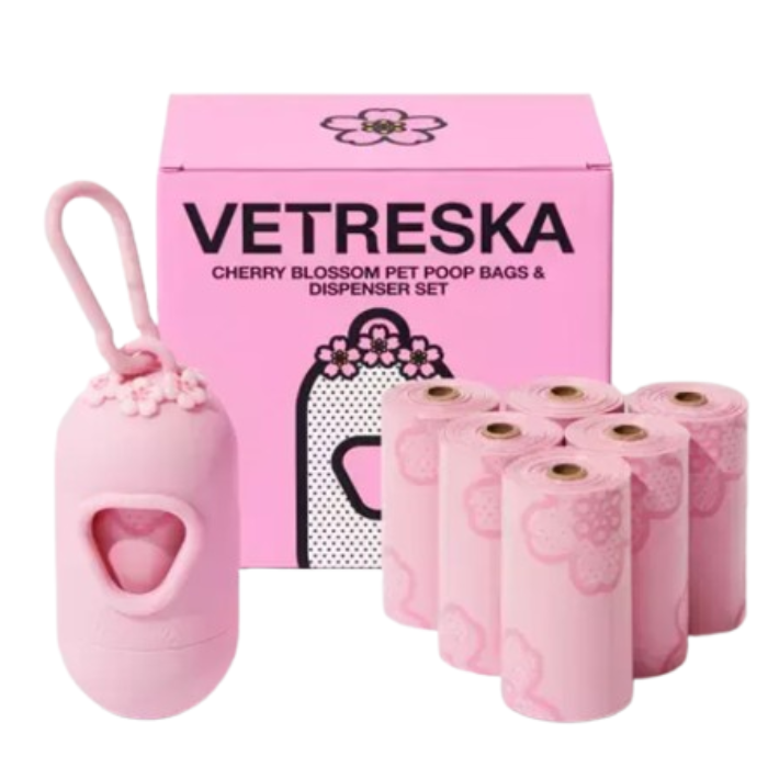 Vetreska Pet Cherry Blossom (1 Dispenser + 7 Rolos) - Conjunto de Sacos Cata Caca
