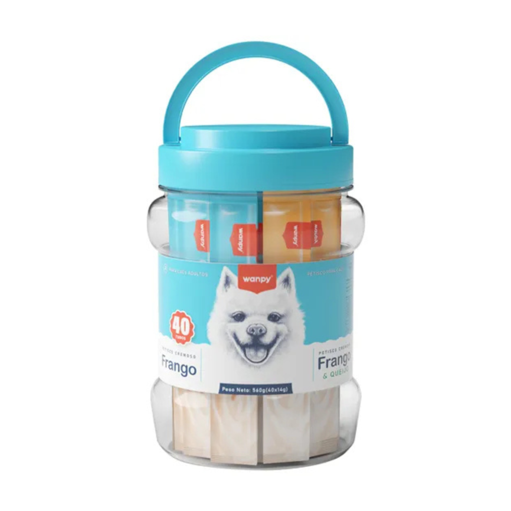 Wanpy Creamy Petisco Para Cachorros Sabores Sortidos Frango + Frango e Queijo Pote Com 40 Tubos - 560g