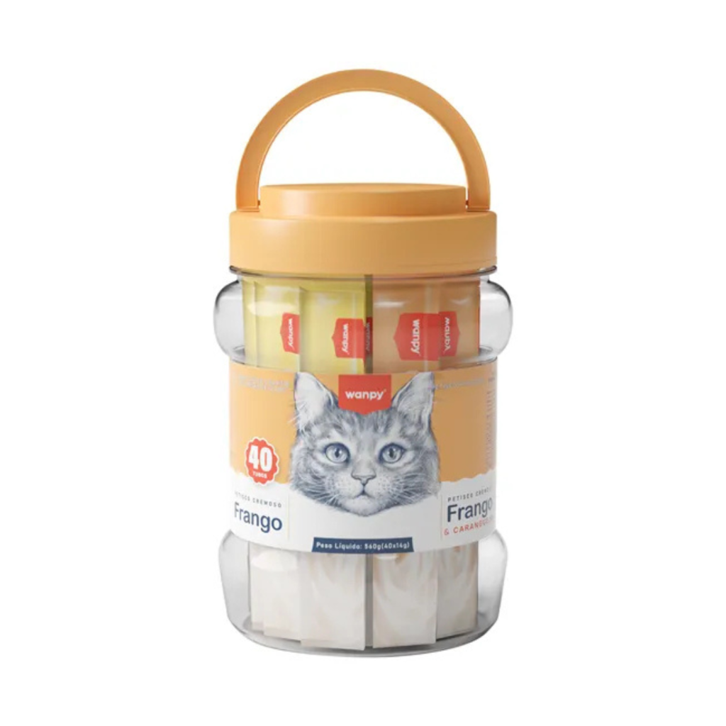 Wanpy Creamy Petisco Para Gatos Sabores Sortidos Frango + Frango e Caranguejo Pote Com 40 Tubos - 560g