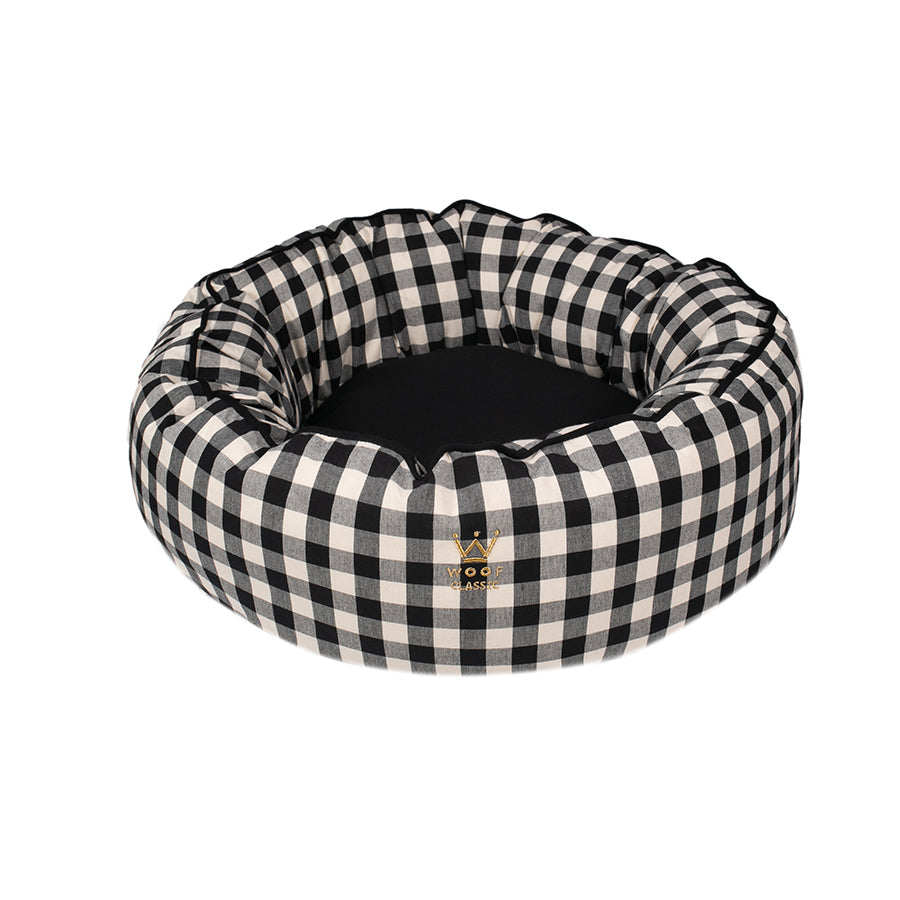 Cama Fofinha Woof Classic Sarja/Lonita Xadrez Preto Para Cães e Gatos